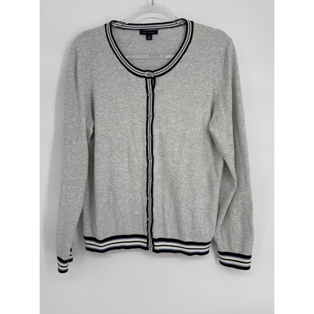 Tommy Hilfiger Womens Sz XL Gray Cotton Striped Trim Button Cardigan Sweater